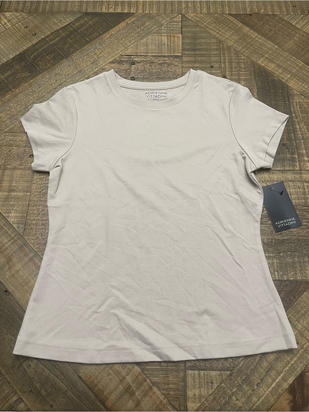 NWT Adrienne Vittadini Ponte Knit Crewneck Short Sleeve Top Beige Gray XS